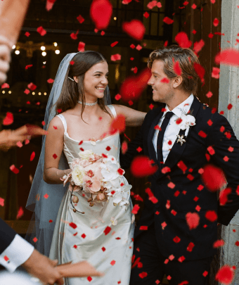 Red confetti at a wedding