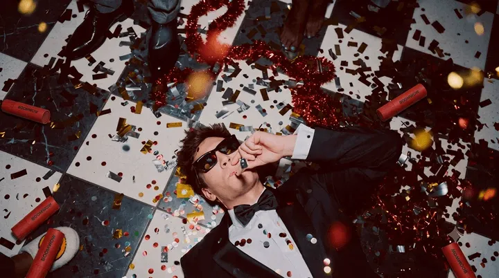 Friends celebrating together beneath a cloud of colorful confetti