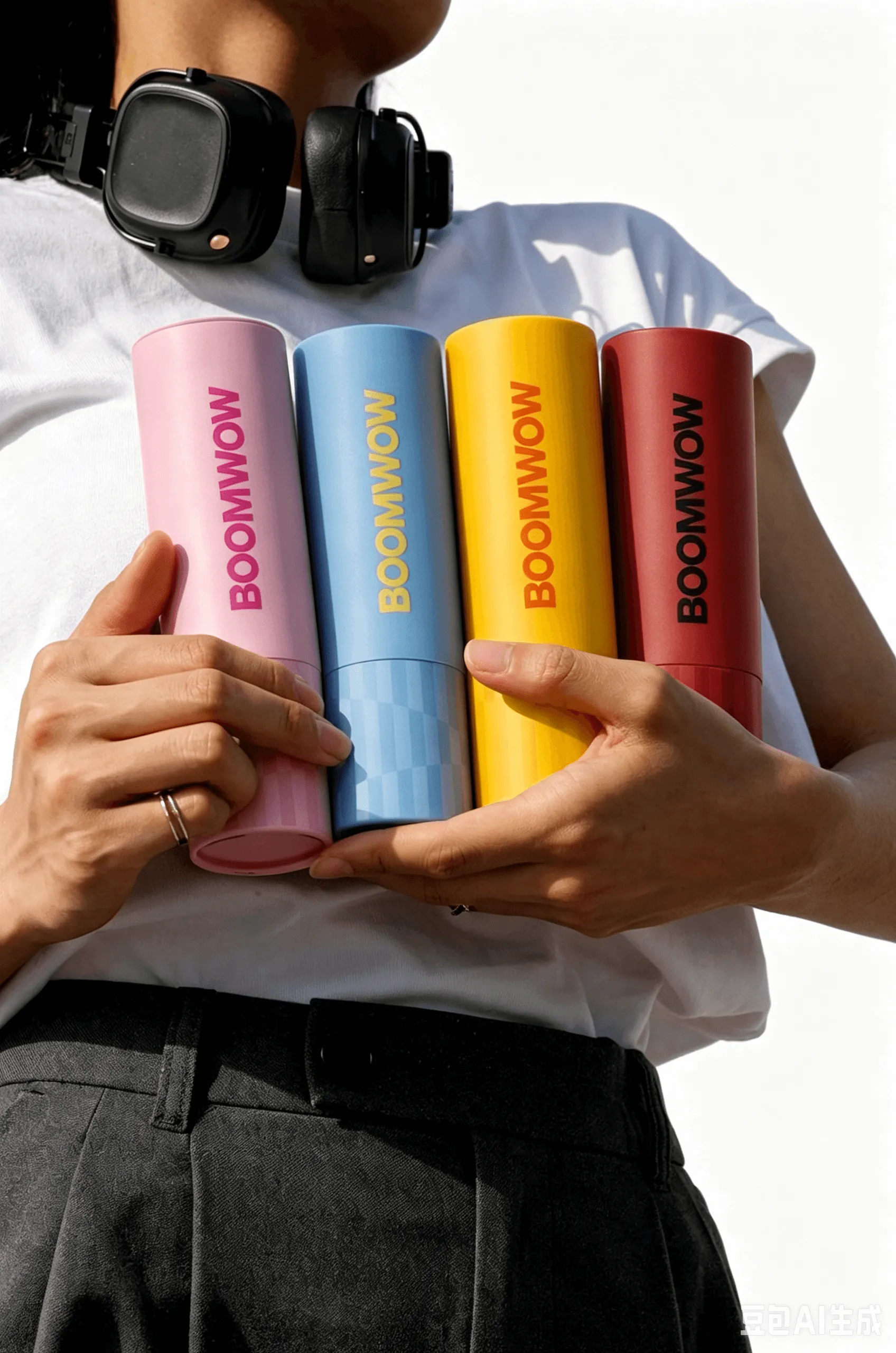 A person holding four colorful BOOMWOW confetti poppers