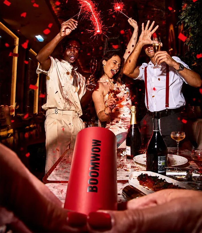 A joyful party moment filled with colorful BOOMWOW confetti